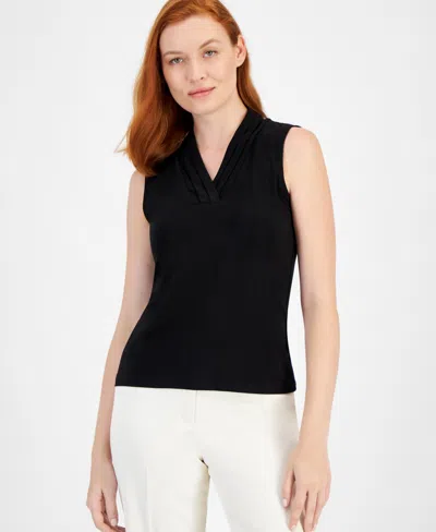Anne Klein Women's Pleated-neck Printed Sleeveless Top In Black