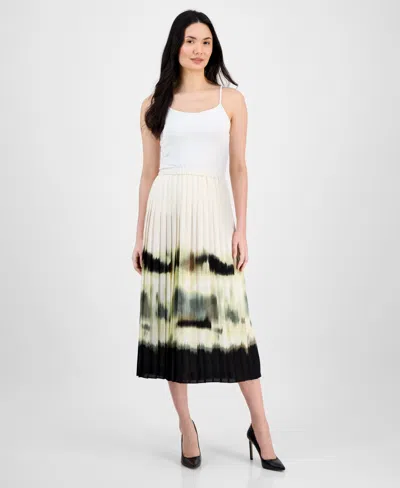 Anne Klein Women's Pleated Pull-on Midi Skirt In White Dove Multi