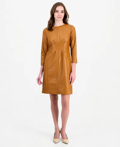 Anne Klein Women's Pleated Waist Sheath Knee-length 3/4 Sleeve Dress In Orange