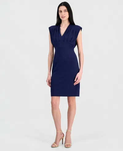 Anne Klein V-neck Pleated Bodice Sheath Dress In Black