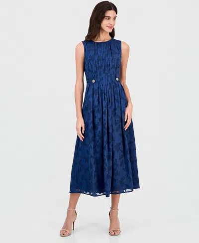 Anne Klein Women's Pleated-front Button-tab A-line Dress In Blue Carbon