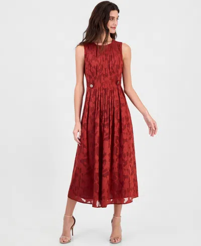Anne Klein Women's Pleated-front Button-tab A-line Dress In Rust