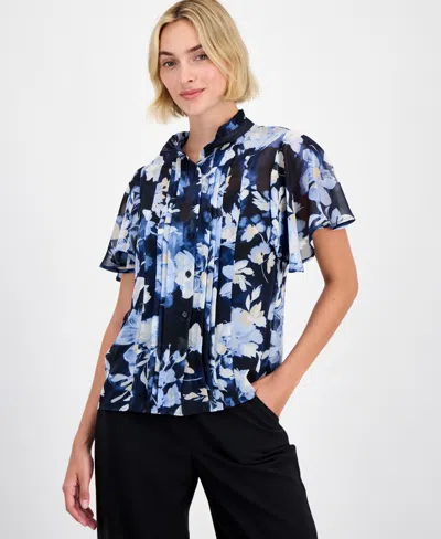 Anne Klein Pleated Flutter Sleeve Shirt In Blue