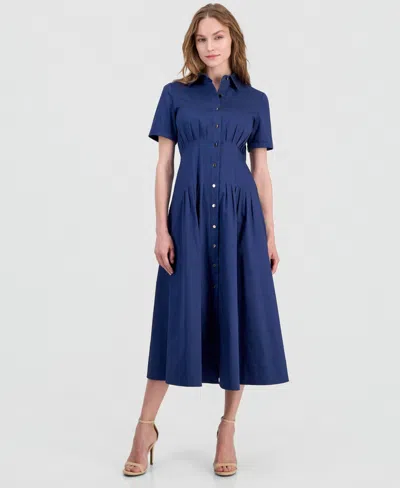 Anne Klein Short Sleeve Stretch Cotton Shirtdress In Blue