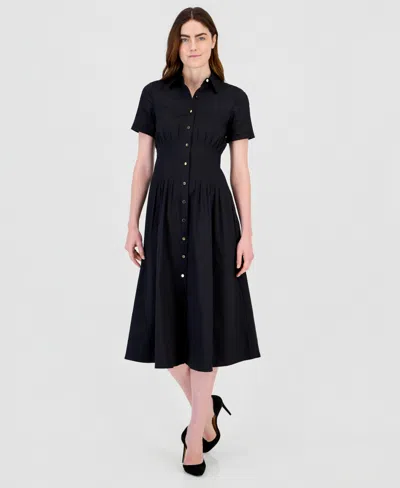 Anne Klein Womens Pleated Waist Midi Shirt Dress In Black