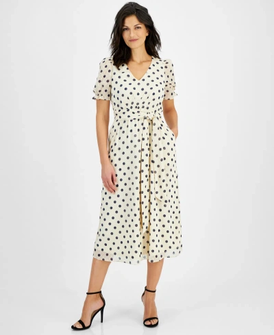 Anne Klein Women's Polka-dot Puff-sleeve Midi Dress In Light Crema Multi