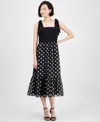 Anne Klein Plus Size Tie-strap Polka-dot Midi Dress In Black