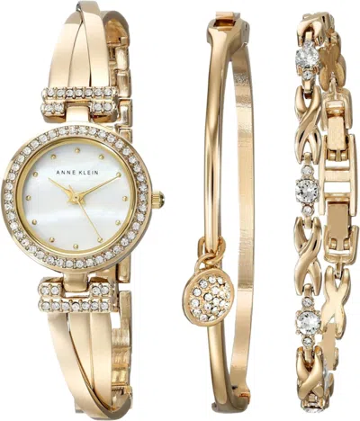 Pre-owned Anne Klein Women's Premium Crystal Accented Bangle Watch And Bracelet Set, Women In Gold