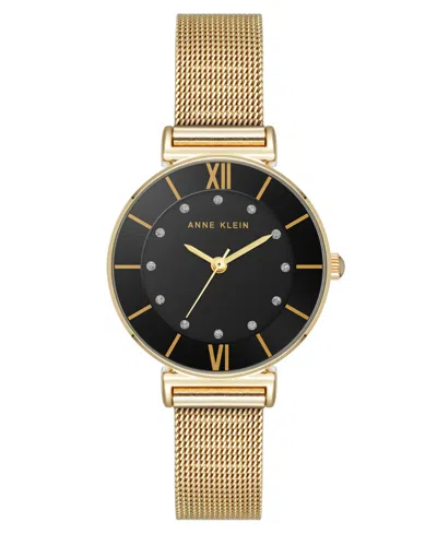 Anne Klein Women's Premium Round Gold-tone Stainless Steel Mesh And Black Dial Watch, 29mm In Black,gold-tone