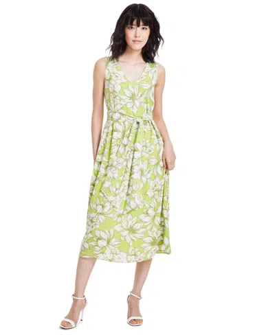 Anne Klein Women's Printed Belted Midi Dress In Sprout,bright White