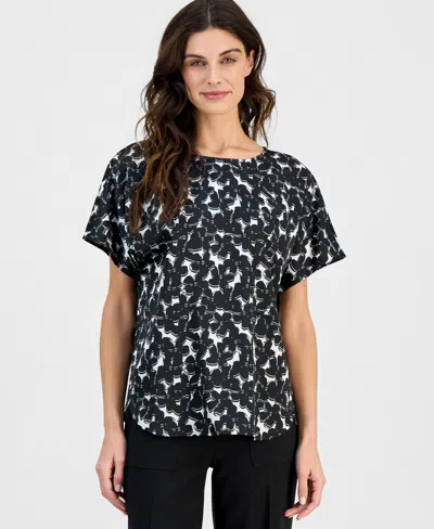 Anne Klein Women's Printed Boat-neck Short-sleeve Blouse In Black