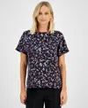 Anne Klein Women's Printed Dolman-sleeve Side-slit Top In Black