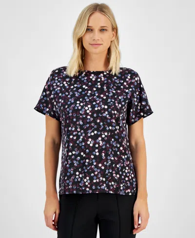 Anne Klein Women's Printed Dolman-sleeve Side-slit Top In Black