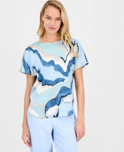 Anne Klein Women's Printed Boat-neck Short-sleeve Top In Multi