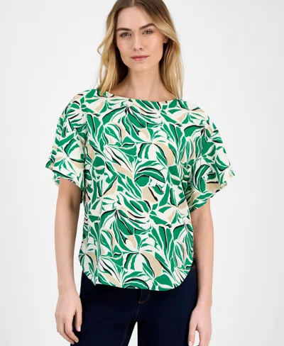ANNE KLEIN WOMEN'S PRINTED BOAT-NECK SHORT-SLEEVE TOP