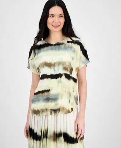 Anne Klein Women's Printed Boat Neck Short-sleeve Top In White Dove Multi