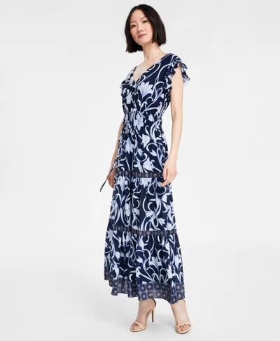 Anne Klein Women's Printed Border-trim Drawstring Maxi Dress In Distant Mountain Multi