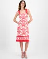 Anne Klein Bow Shoulder Midi Dress In Hibiscus Red,white