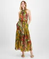 Anne Klein Patio Leaf Print Halter Neck Tiered Midi Dress