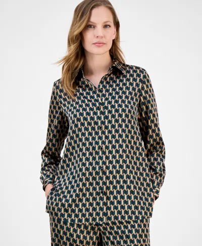 Anne Klein Women's Printed Collared Button-down Blouse In Brown