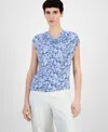 Anne Klein Women's Printed Cowl Neck Cap-sleeve Top In Opal Blue Mutli