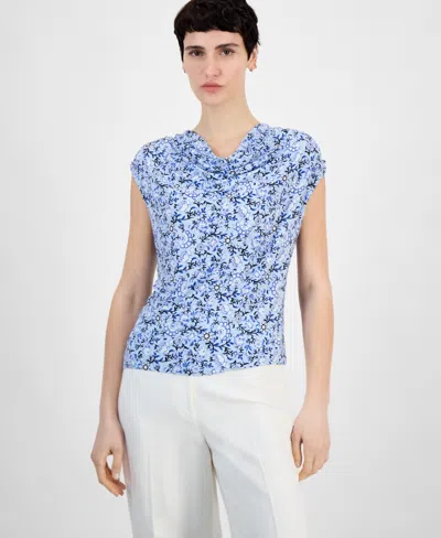 Anne Klein Women's Printed Cowl Neck Cap-sleeve Top In Opal Blue Mutli