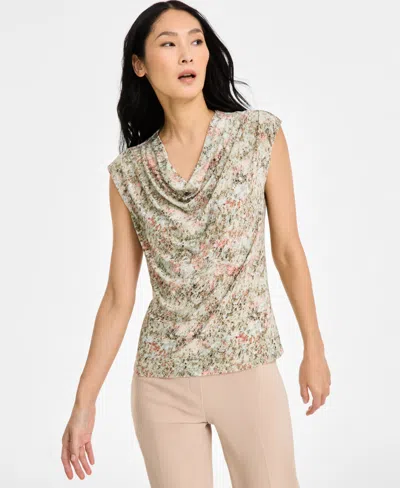 ANNE KLEIN WOMEN'S PRINTED COWL NECK CAP-SLEEVE TOP