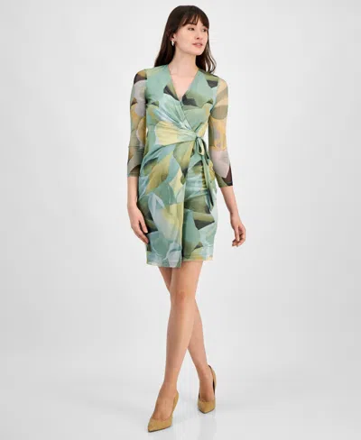 Anne Klein Women's Printed Faux-wrap Dress In Soft Aloe Multi