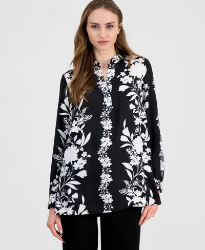 Anne Klein Women's Printed Long-sleeve Popover Blouse In Black
