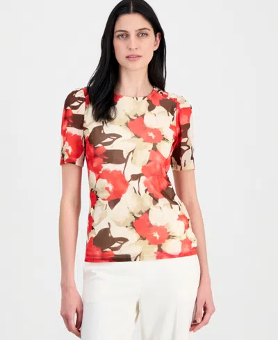 Anne Klein Women's Printed Mesh Short-sleeve Top In Multi