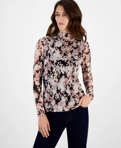 Anne Klein Women's Printed Mesh Turtleneck Top In Anne Black Multi
