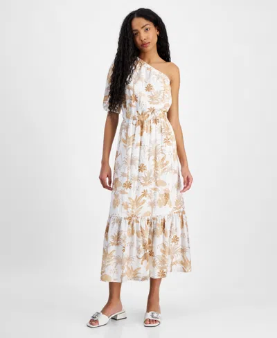 Anne Klein Women's Printed One-shoulder Midi Dress In Egret,dese