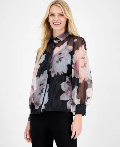 Anne Klein Women's Printed-organza Button-front Blouse, Macy's Exclusive In Multi