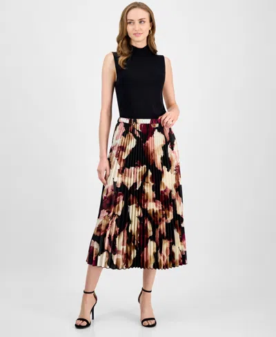 Anne Klein Women's Printed Pleated Pull-on Midi Skirt