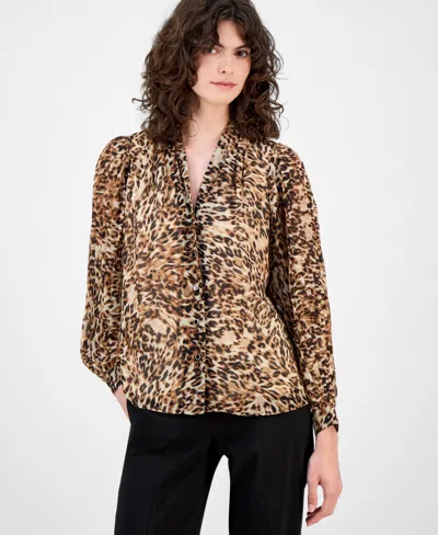 Anne Klein Women's Printed Pleated-sleeve Button-front Top In Animal Print