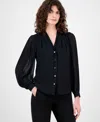 Anne Klein Women's Printed Pleated-sleeve Chiffon Button-front Top In Black
