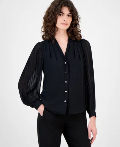 Anne Klein Women's Printed Pleated-sleeve Chiffon Button-front Top In Black