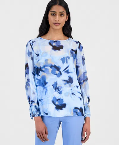 Anne Klein Women's Printed Pleated-cuff Blouse In Blue