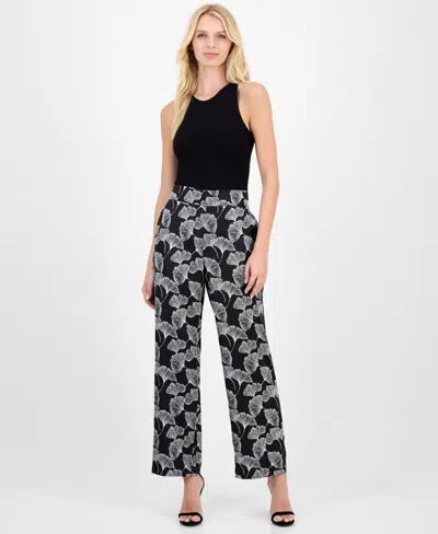 Anne Klein Women's Printed Pull-on Wide-leg Pants In Black