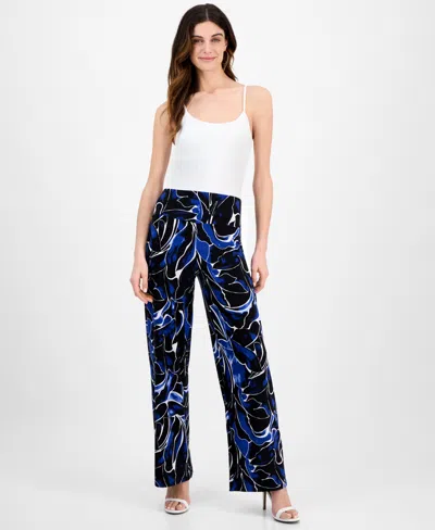 Anne Klein Women's Printed Pull-on Wide-leg Pants In Santorini Blue Multi
