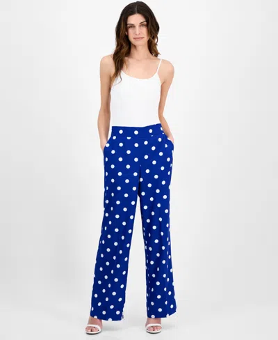 Anne Klein Women's Printed Pull-on Wide-leg Pants In Santorini Blue,bright White