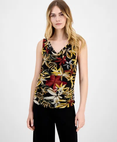 Anne Klein Floral Mesh Cowl Neck Tank In Multi
