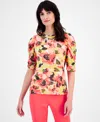 ANNE KLEIN WOMEN'S PRINTED RUCHED ELBOW-SLEEVE TOP
