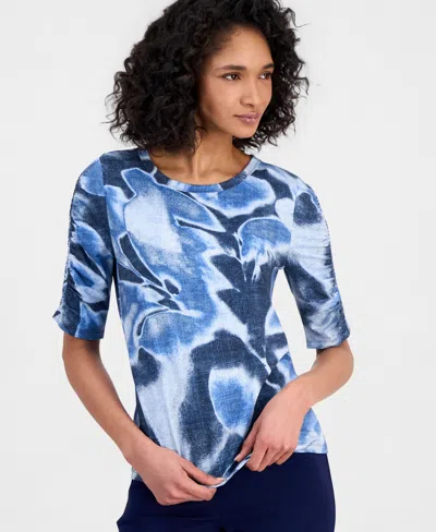 Anne Klein Women's Printed Ruched-sleeve Top In Blue