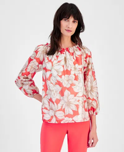 Anne Klein Women's Printed Ruffled-neck Top In Red Pear,bright White Multi