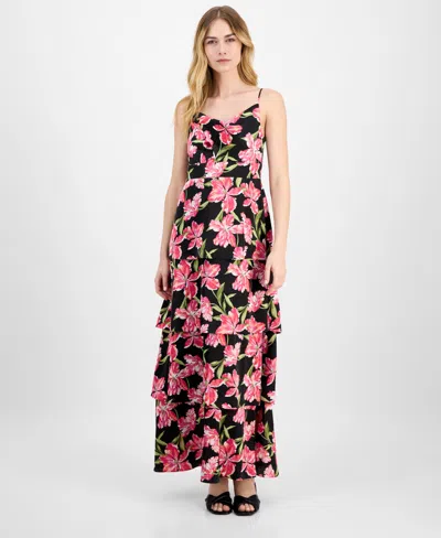 ANNE KLEIN WOMEN'S PRINTED SATIN TIERED COWLNECK MAXI DRESS