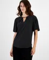 Anne Klein Polka Dot Pleat Neck Top In Anne Black,bright White