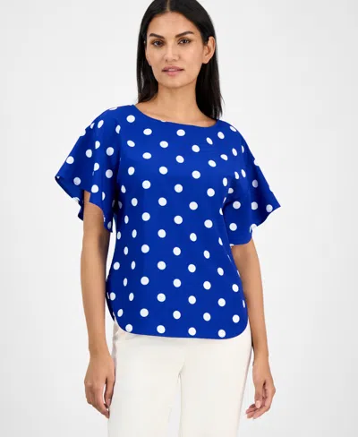 Anne Klein Women's Printed Short-sleeve Boat-neck Top In Santorini Blue,bright White