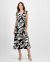 Anne Klein Plus Size Printed V-neck Ruffled Midi Dress In Black