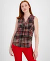Anne Klein Houndstooth Print Triple Pleat V-neck Top In Anne Black